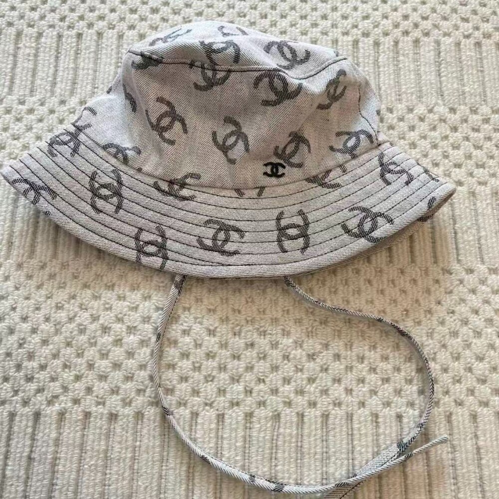 Chanel All Over CC Logo Denim Bucket Hat in Grey